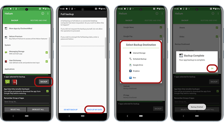 Screenshots of the mid phase of backing up data with Helium app