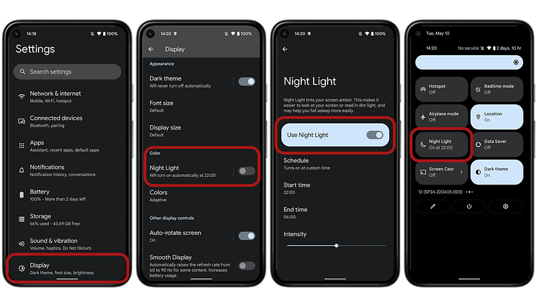 Screenshots showing how to setup the Night Light feature
