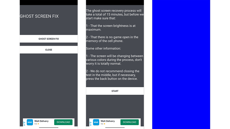 Screenshots of the Ghost screen fix app features