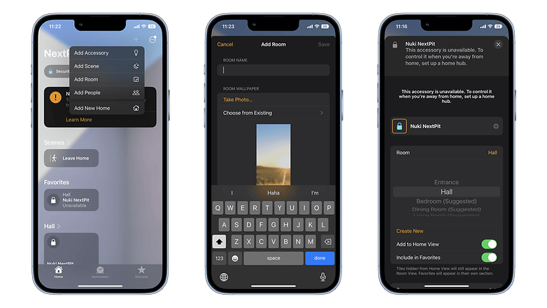 Screenshots die zeigen, wie man Räume in der Apple-Home-App erstellen kann.