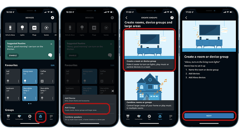 Screenshots showing how to set up light group using Alexa app