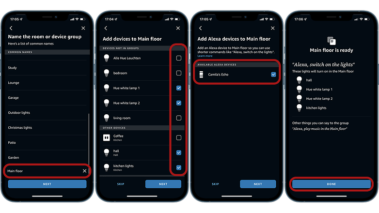 Screenshots showing how to set up light group using Alexa app
