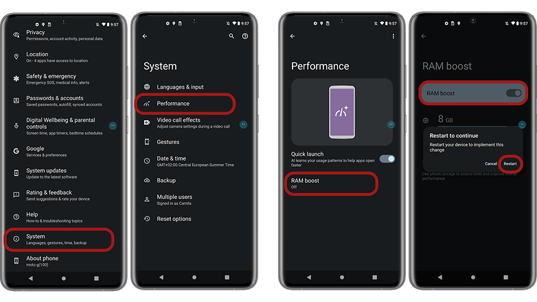 Motorola RAM boost feature screenshots