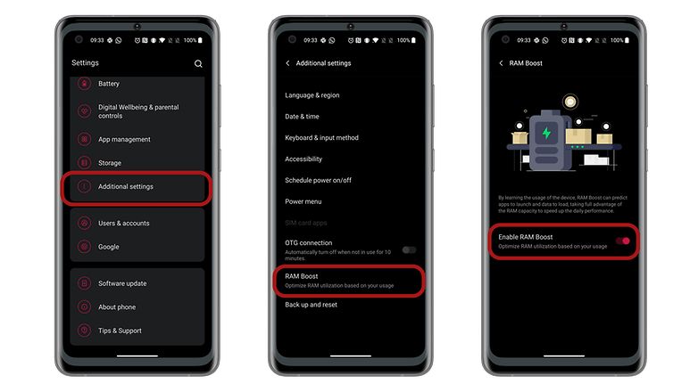 Screenshots showing the steps to the RAM Boost fature on OnePlus software