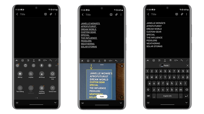 Screenshots on how to use the Extract text feature on Samsung's keyboard