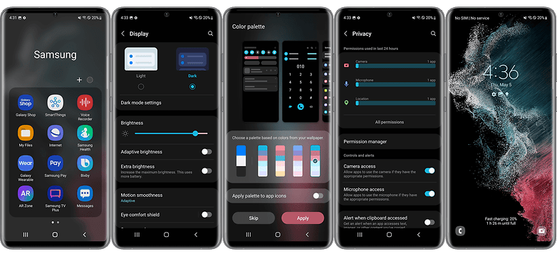 Screenshots displaying the Galaxy S22 Plus user interface characteristics