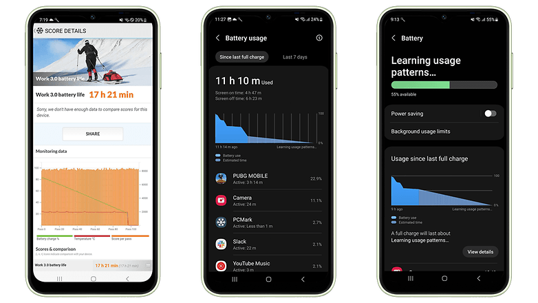 Captures d'écran d'en benchmark d'autonomie réalisé sur le Samsung Galaxy A14