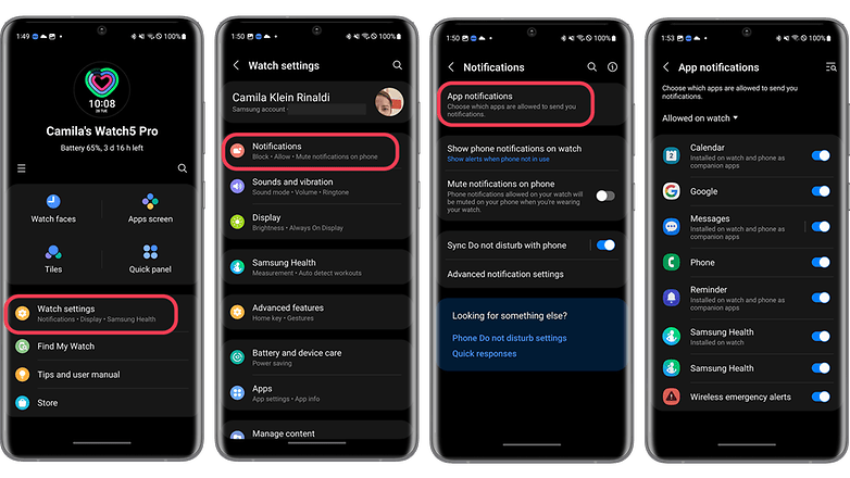 Screenshots showing how to use the Galaxy Watch 5 Pro settings to improve battery life