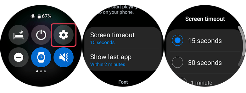 Screenshots showing how to use the Galaxy Watch 5 Pro settings to improve battery life