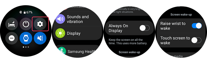 Screenshots showing how to use the Galaxy Watch 5 Pro settings to improve battery life