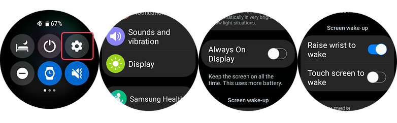 Screenshots showing how to use the Galaxy Watch 5 Pro settings to improve battery life