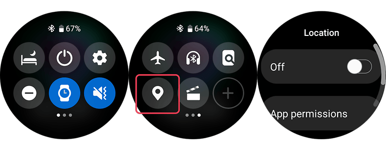 Screenshots showing how to turn off Location on the Samsung Watch 5 Pro