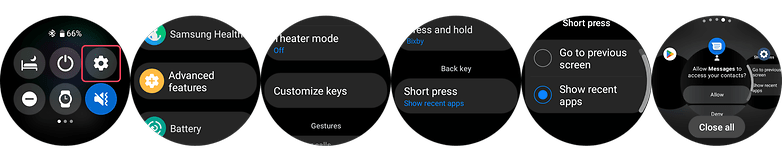 Screenshots showing how to use the Galaxy Watch 5 Pro settings to improve battery life