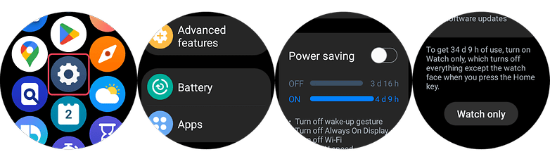Screenshots showing how to use the Galaxy Watch 5 Pro settings to improve battery life