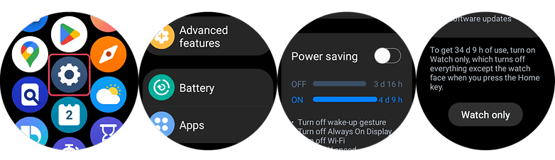 Képernyőképek, amelyek bemutatják, hogyan kell használni a Galaxy Watch 5 Pro beállításait az akkumulátor élettartamának növelése érdekében