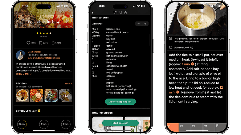 Screenshots, die die Funktionen und die Benutzeroberfläche der Kitchen Stories-App zeigen