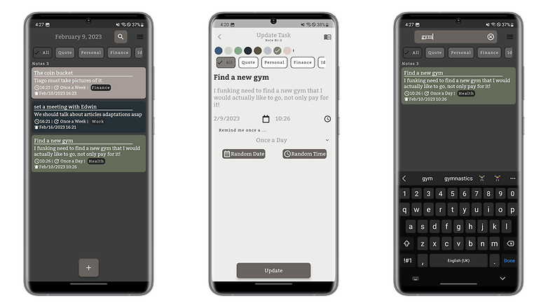 Screenshots displaying the user interface of the app Memori Note