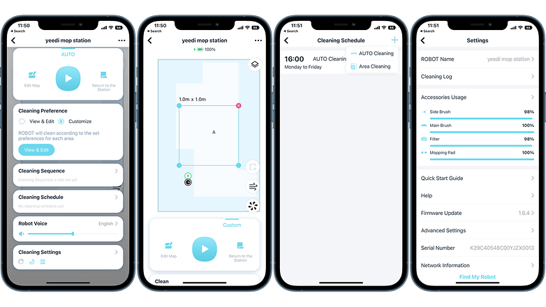 The Yeedi app UI showing the main features of the Yeedi Mop Station vacuum cleaner