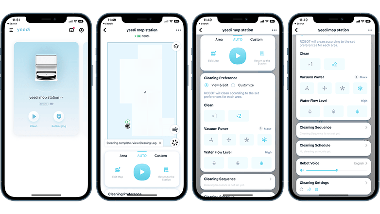 The Yeedi app UI showing the main features of the Yeedi Mop Station vacuum cleaner