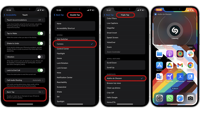 Capturas de pantalla que muestran los pasos para reasignar el botón Atrás en un iPhone