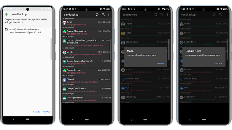 Screenshots of Oandbackup app