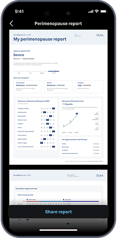 Oura app report on perimenopause with symptom severity and tracking data.