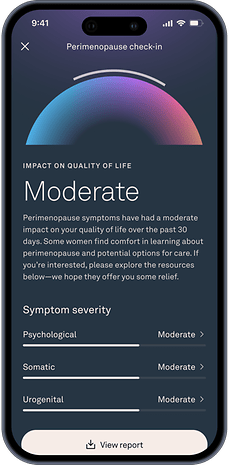 Oura Ring app screen showing 'Perimenopause check-in' with moderate impact on quality of life.