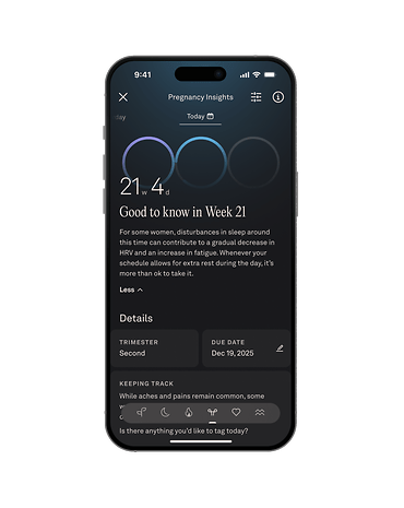 Oura Ring app screen showing pregnancy insights for week 21, including tips and due date information.
