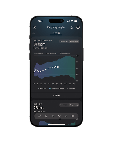 Oura Ring app showing pregnancy insights with average nighttime heart rate and HRV metrics.