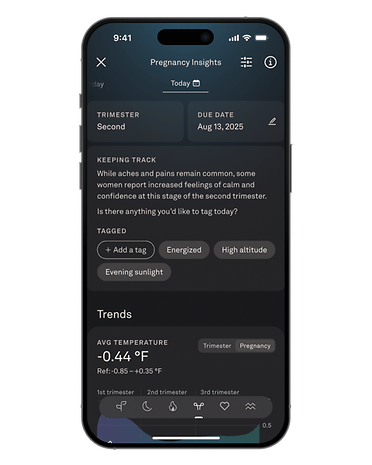 Pregnancy Insights app screen showing due date, trimester, and tags for tracking wellness.