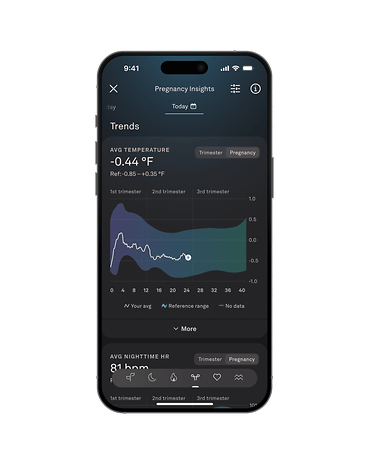 Mobile phone displaying Oura Ring pregnancy insights, including average temperature and nighttime heart rate.