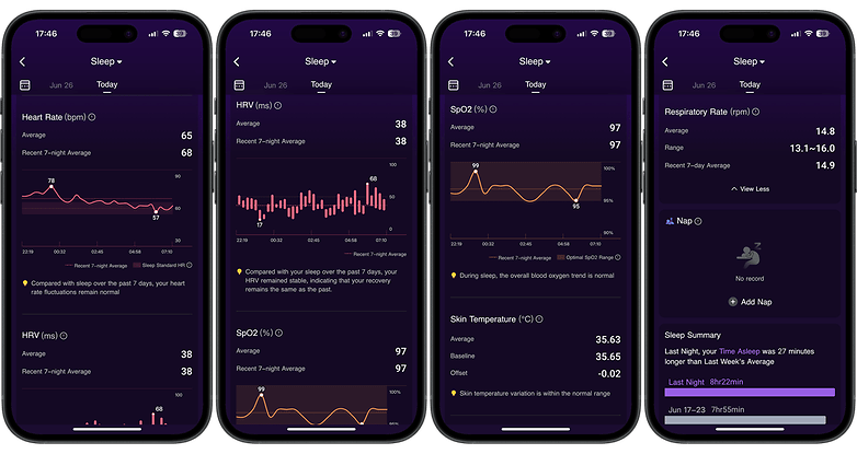 Screenshots of the RingConn Smart Ring Companion App UI