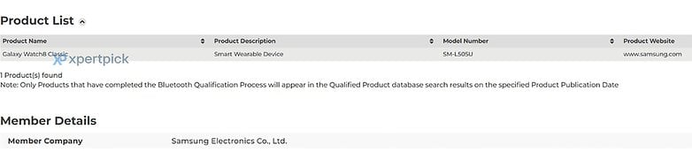 Product list showing Galaxy Watch8 Classic details from Samsung Electronics Co., Ltd.