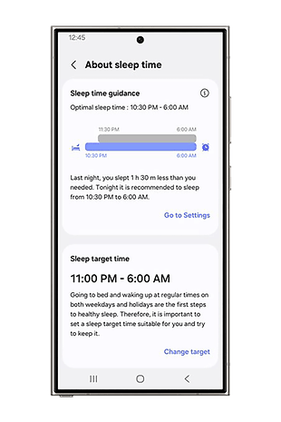 Écran de l'application Samsung Health montrant des conseils sur le temps de sommeil et des recommandations de temps cible.