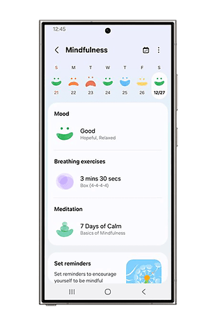 Samsung Health app mindfulness screen showing mood, breathing exercises, and meditation details.