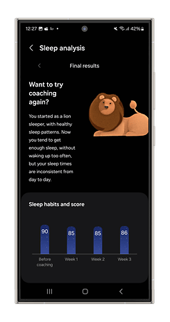 Samsung Health app sleep analysis results with a lion character and sleep scores for three weeks.