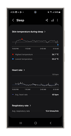 Samsung Health app sleep tracking interface showing sleep time and score.