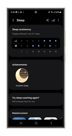 Samsung Health app sleep tracking interface showing sleep consistency and achievements.