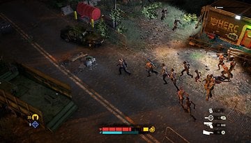 An overhead view of a character surrounded by zombies in a post-apocalyptic setting, with vehicles and debris around.