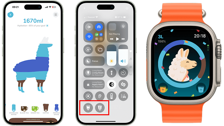 Drei mobile Geräte zeigen Apps zur Verfolgung der Hydration mit einem Lama-Grafik und Funktionen des Kontrollcenters.