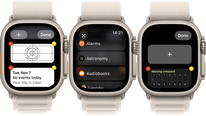 képernyőképek, amelyek bemutatják, hogyan adhat hozzá új widgeteket az Apple Watch Ultra készülékhez