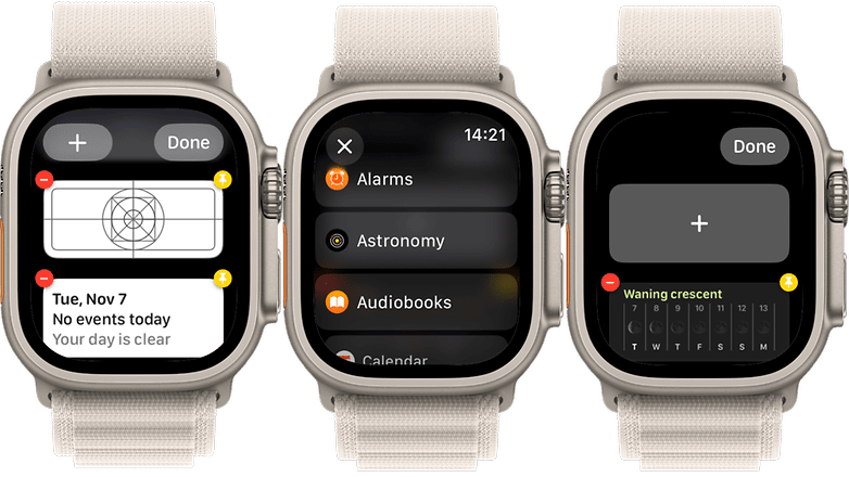 екранни снимки, показващи как да добавите нови уиджети към Apple Watch Ultra