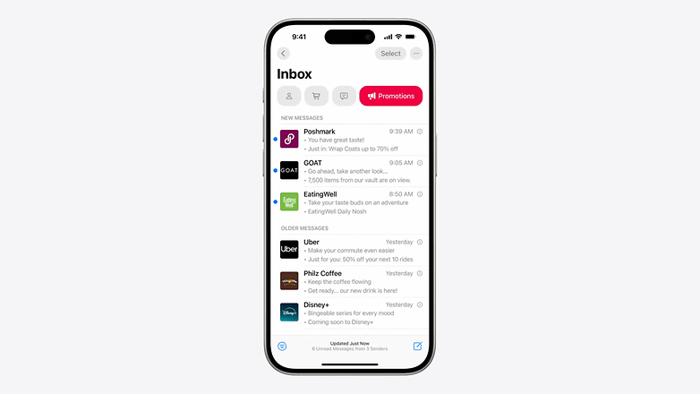 Capture d'écran d'iOS 18 sur un iPhone d'Apple montrant la nouvelle interface de l'application Mail