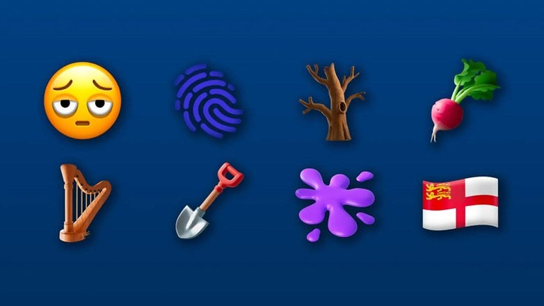 Acht Emojis: nachdenkliches Gesicht, Fingerabdruck, Baum, Harfe, Schaufel, Radieschen, Farbspritzer und Flagge.