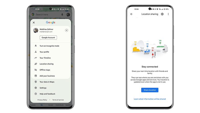 Screenshots showing how to share location using Google Maps