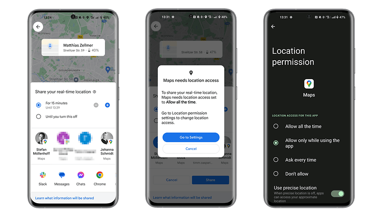 Screenshots showing how to share location using Google Maps