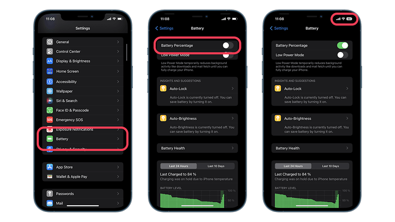 Screenshots showing how to activate battery percentage indicator on iOS 16