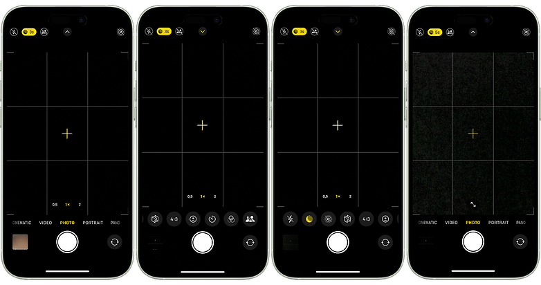 Screenshots of the camera UI on the iPhone 15