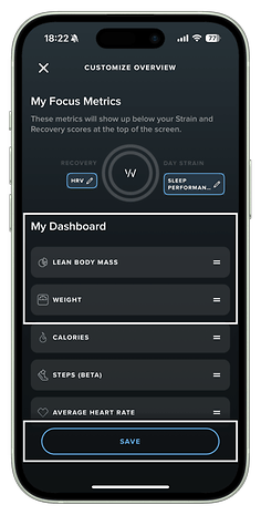 My Dashboard on Whoop app showing metrics like weight and lean body mass with a save button.