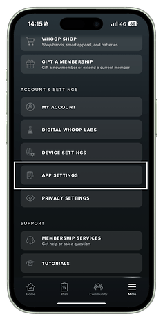 Whoop app interface showing the 'App Settings' option under 'Account & Settings'.